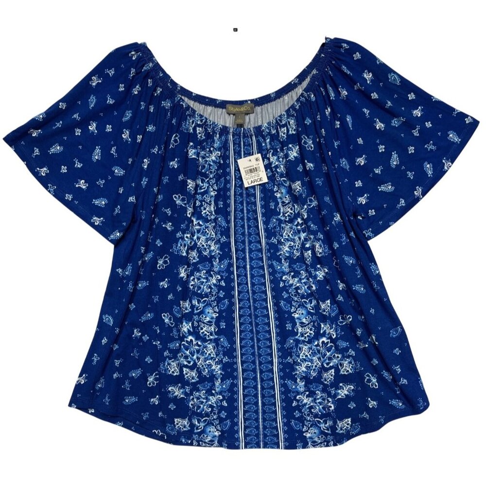 Style & Co. Womens Large On/Off Shoulder Floral Print Top Abyss Blue